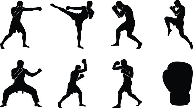 Black silhouette boxing and martial arts fighter vector set featuring combat poses and boxing glove