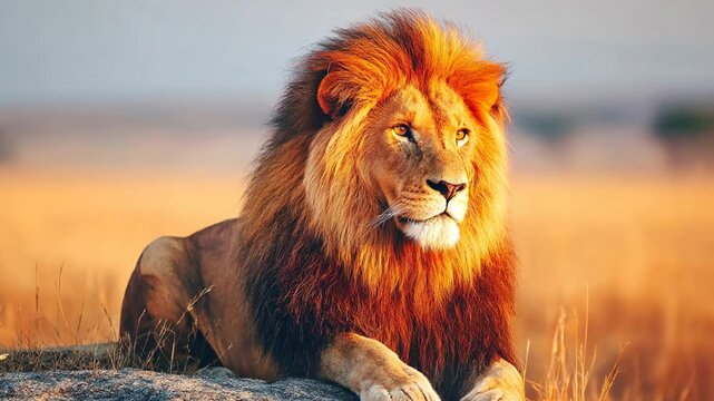 Lion resting in the savannah during the golden hour of sunset Generative AI
