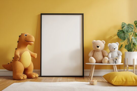 Blank vertical black frame poster mockup stands on floor near plush toy dinosaur and teddy bear. White empty border template on yellow wall kids playroom nursery interior. Advertising banner layout.