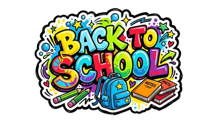 Obraz premium Vibrant Back to School Graffiti Sticker Design with Books, Backpack, and School Supplies