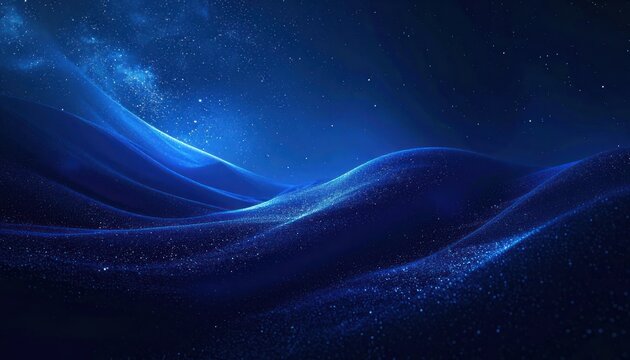 A luminous abstract landscape with rolling blue hills covered in sparkling particles under a starry night sky.