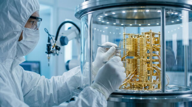 Quantum computer scientist assembling processor with tweezers in cryogenic chamber in sterile laboratory, advanced research and development of future technology.