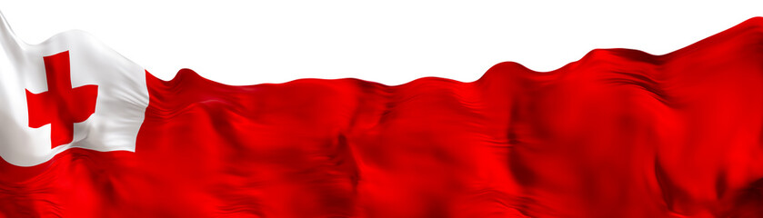 A 3D render shows the flag of Tonga with its red and white colors. The design includes a white rectangle in the top left corner. The flag stands out without any background © Creative_Bird