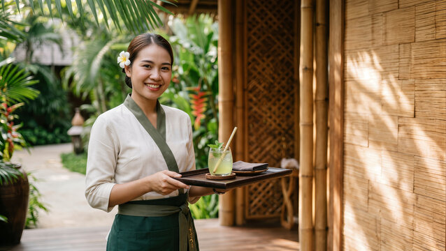 Resort staff smiling, holding welcome drink tray in tropical garden, representing luxury hospitality.