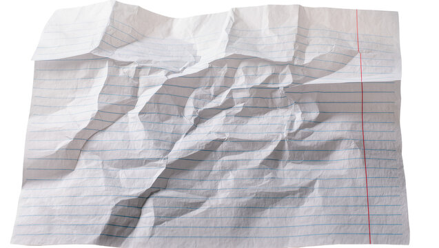 Crumbled lined notebook paper with red margin line, isolated on transparent background