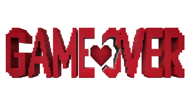 Red pixelated GAME OVER text with a broken heart, isolated on transparent background