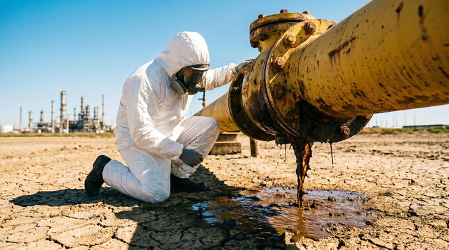 Hazmat worker inspecting leaking industrial pipeline on cracked dry ground near refinery, symbolizing environmental pollution disaster.