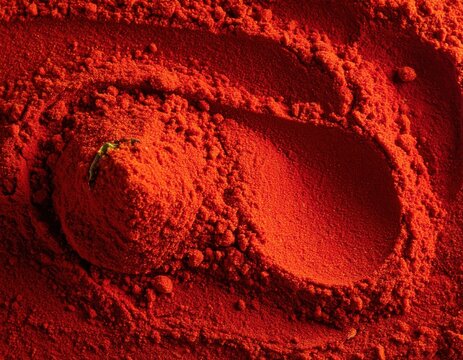 Vibrant red paprika powder pile with swirling texture pattern, aromatic culinary spice, vivid food ingredient for cooking