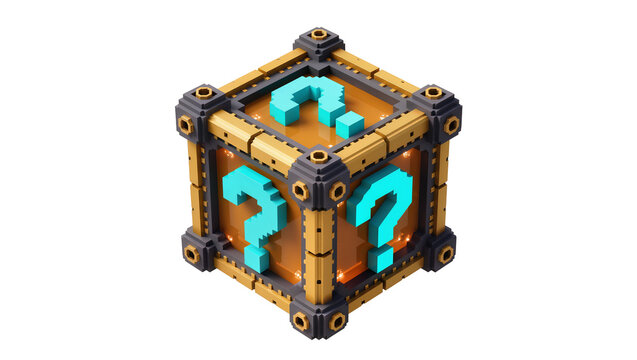 Pixelated question mark mystery box with metallic frame, isolated on transparent background