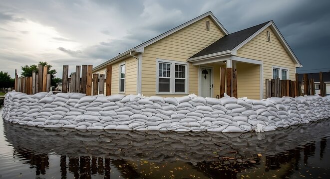 House Protected by Sandbags During Flood with Water Surrounding.