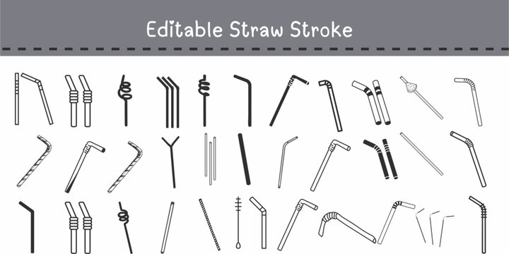 Drinking Straw Icon Collection &ndash; Vector Line Art Set of Flexible Bendy Straws, Retro Striped Soda Pipe Sketches, Bar Cocktail Accessories and Cleaning Brush Clipart