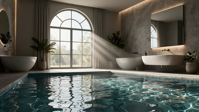 Elegant Indoor Swimming Pool with Natural Light and Spa Elements