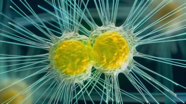 Cancer cells dividing macro microscope view with spiked membranes, rapid cell growth for oncology research, tumor progression, drug testing, pathology education, and cancer treatment analysis