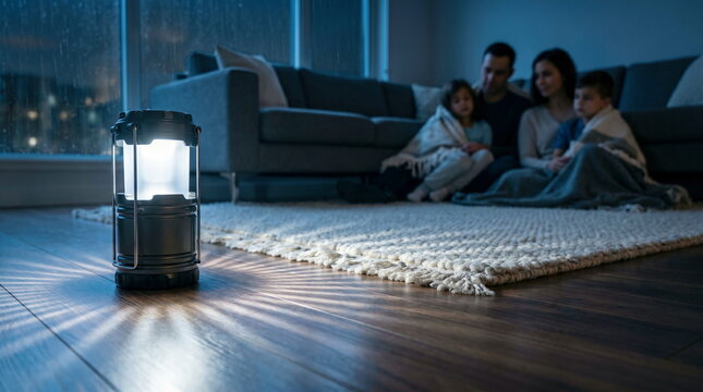 Bright lantern illuminating family huddling under blankets in dark living room, emphasizing comfort during power outage.