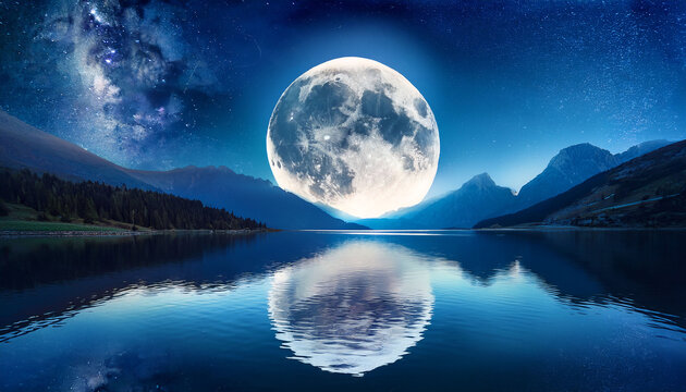 Mystical Celestial Moon Aura A Stunning Night Scene Featuring A Large Moon Reflecting Over A Calm Lake Surrounded By Majestic Mountains And A Starry Sky