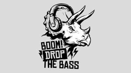 DJ triceratops. Dino headphones. Music dinosaur. Bass drop design. Cool horned dinosaur head. © panji