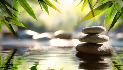 Obraz premium Smooth Stones Stacked By A Tranquil Waterrs Edge With Green Bamboo Leaves And Soft Sunlight Creating A Peaceful Natural Scene