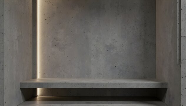 modern industrial loft reading alcove with raw gray micro cement wall and empty concrete bench for architecture business