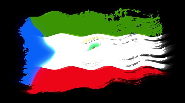 Waving torn Equatorial Guinea flag grunge brush burn light leaks, transparent background alpha channel loop full HD