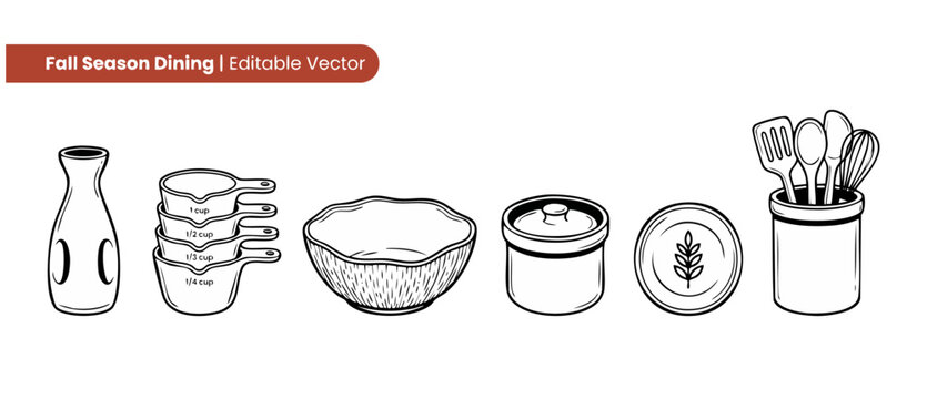 Kitchenware vector line art icons set of rustic fall dining kitchen utensils, rustic ceramic bowls, measuring cups, and cooking tools for home cooking illustration and autumn table setting decor.