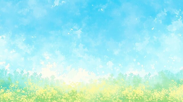 水彩で描かれた青空と野原の美しい手書き風背景イラスト