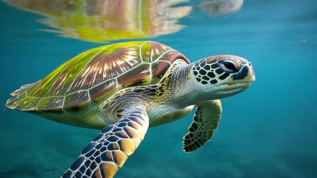 Majestic green sea turtle swims gracefully through the clear blue tropical ocean water with detailed shell patterns and smooth skin captured in this beautiful underwater shot