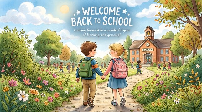 Children walking to school on a scenic path with backpacks, cheerful landscape, and welcoming back to school atmosphere