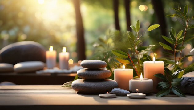 A Serene Spa Scene Featuring Candles Smooth Stones And Lush Green Plants Creating A Relaxing Ambiance In A Tranquil Outdoor Setting