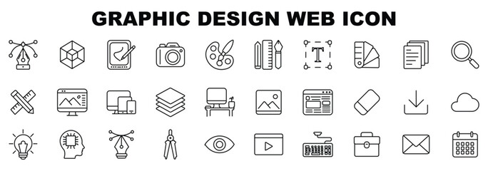 Set of thin line icons of graphic design. Simple linear icons in a modern style flat, Creative Process. Graphic design, creative package, stationary, software and mor ©  