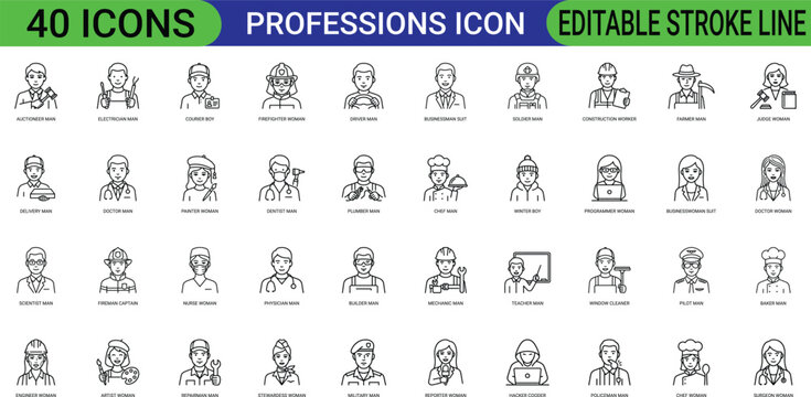 Set of forty black and white line depicting various professions including doctors builders chefs teachers and soldiers with labeled text underneath each character