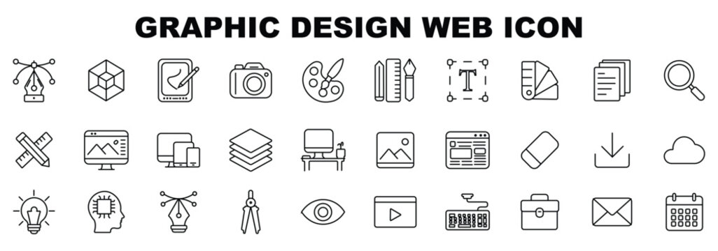 Set of thin line icons of graphic design. Simple linear icons in a modern style flat, Creative Process. Graphic design, creative package, stationary, software and mor