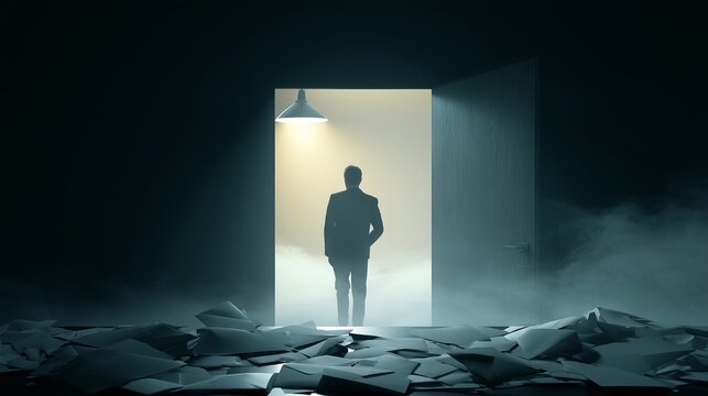 Silhouette of a person entering illuminated doorway amid scattered document on dark floor symbolizing tax debt help relief and emergence from financial burden.
