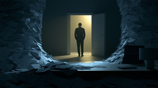Silhouette person standing in doorway amid towering pile of paper, symbolizing tax debt help relief and overwhelm with paperwork.