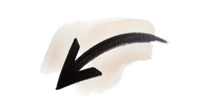 Black brush stroke arrow pointing down left, isolated on transparent background