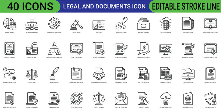 Set of forty black line representing legal documents business processes and office administration symbols on a white background
