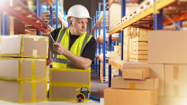 Warehouse logistics. Warehouse worker checks cargo boxes with tablet in storage center while managing inventory and package distribution.