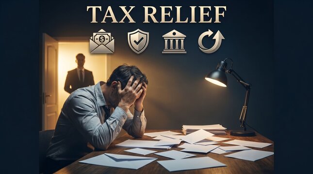 Stressed taxpayer at desk with scattered bill and letter facing tax relief symbols representing tax debt help relief.