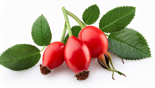 Branch Of Fresh Rose Hips With Red Fruits And Leaves Isolated On White Background