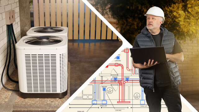 HVAC installation. Technician inspects outdoor air conditioning units and building ventilation plan with laptop for climate control service