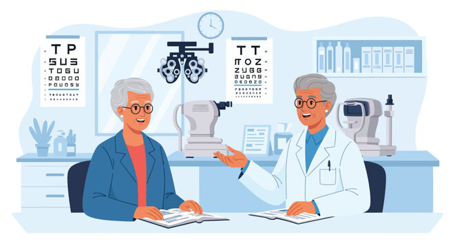 Optometrist examining patients eyes with charts and equipment.