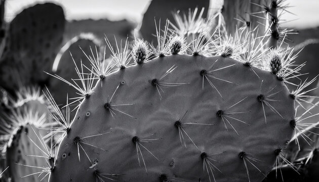 Prickly Pear Cactus Detail Closeup In Black And White Texas Natural Plant