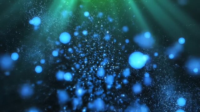 Magical glowing blue light rays with star sparkles bokeh particles
