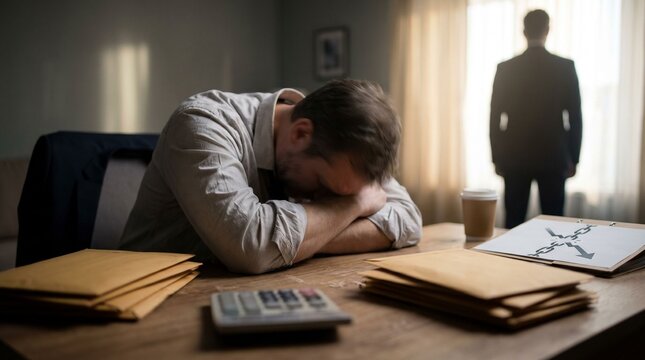 Man with head on desk amid envelope and calculator while silhouette of standing man watches indicating tax debt help relief and financial stress resolution.