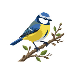A colorful blue tit bird perches on a spring tree branch © cukru