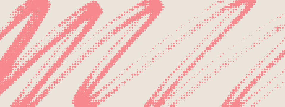 Abstract pink halftone background for panoramic banner. Vector backdrop features a minimalist beige canvas with dynamic scribble waves, brush strokes pattern. Halftone vector background