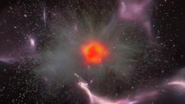 Energy burst expanding macro view from bright core, particle shockwave and explosive motion for physics simulation, power impact, science education, emergency warning, and disaster alert media