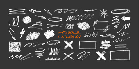 Chalk scribble doodle marks collection, High level of detail. Hand-drawn chalk scribble vector set with arrows, circles, frames, lines, symbols, and rough sketch marks. Vector crayola elements set © SergeyBitos