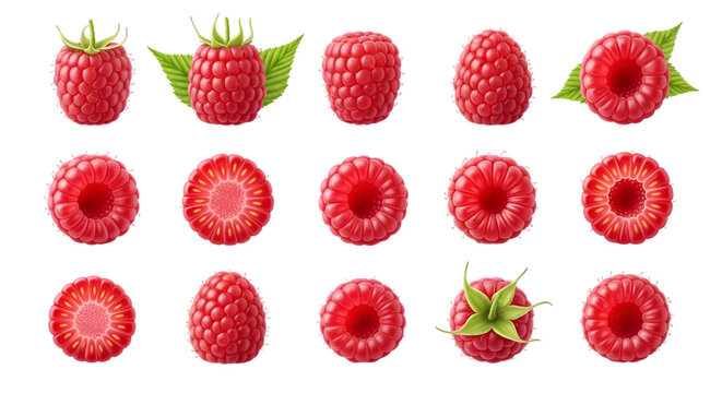 Raspberry collection isolated red berries with leaves top and bottom views