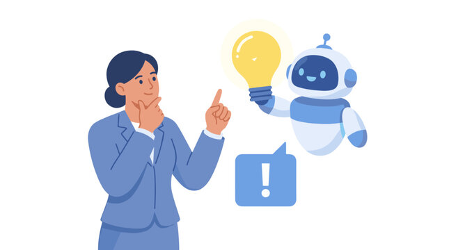 A businesswoman ponders an idea, while a friendly robot offers a glowing lightbulb and an exclamation mark speech bubble.