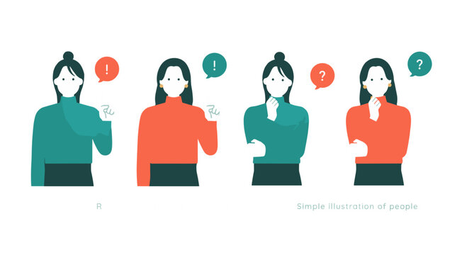 A flat design illustration shows four women in a line, each with a thought bubble indicating surprise, a question, or a statement.